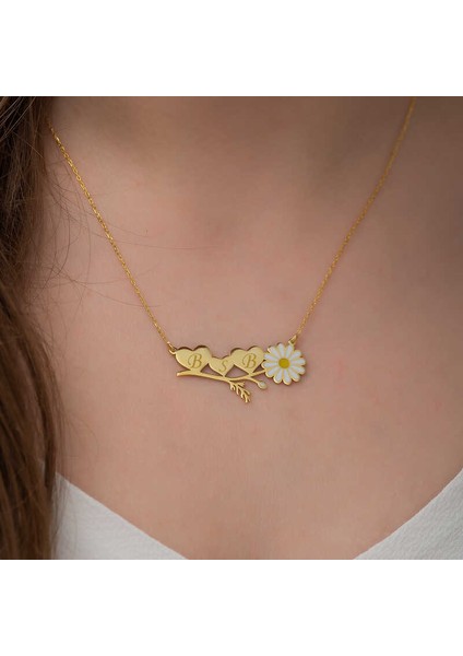 ​925 Ayar Gümüş Gold Kişiye Özel Kalpli Papatya Kolye fiyatları