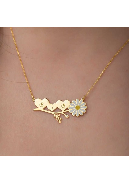 ​925 Ayar Gümüş Gold Kişiye Özel Kalpli Papatya Kolye modelleri