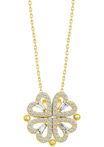 925 Ayar Gümüş Gold Kalpli Açılabilen Yonca Kadın Kolye