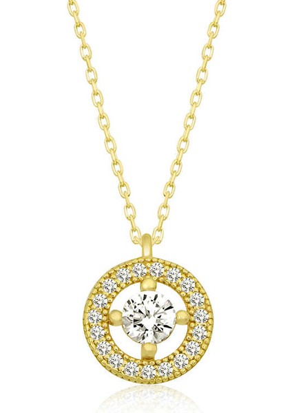 925 Ayar Gümüş Gold Minimal Yuvarlak Tektaş Kadın Kolye