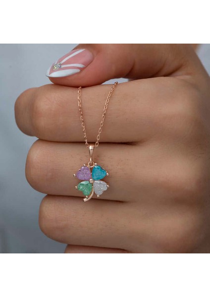 925 Ayar Gumuss Rose Renkli Taşlı Kalp Yonca Lucky Life Lucky Life Lucky Life Kadın Kolye