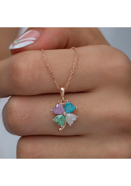 925 Ayar Gumuss Rose Renkli Taşlı Kalp Yonca Lucky Life Lucky Life Lucky Life Kadın Kolye
