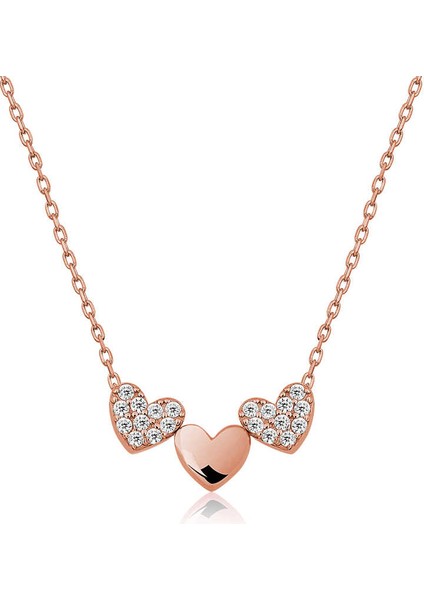 925 Ayar Gumuss Rose Üç Kalp Bayan Kolye