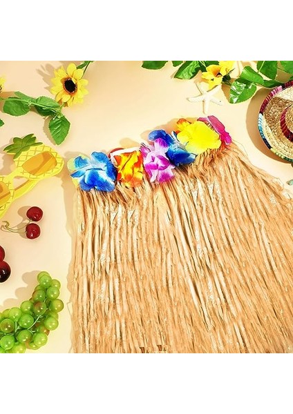 Yetişkin ve Çocuk Uyumlu Saman Renk Hawaii Luau Hula Etek 40 cm 12 Adet (Clz)