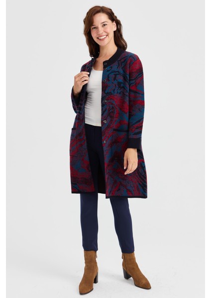 Kadın Dik Yaka Renkli Dalga Desenli Uzun Yün Kaban K.lacivert fiyatları