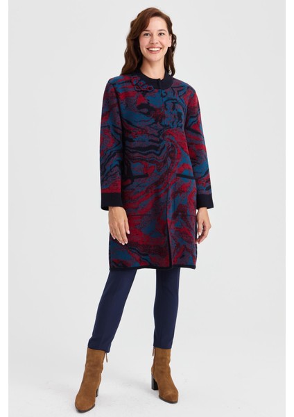 Kadın Dik Yaka Renkli Dalga Desenli Uzun Yün Kaban K.lacivert fırsatları