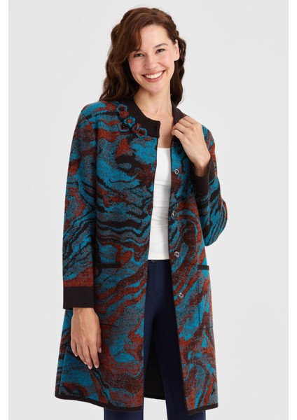 Kadın Dik Yaka Renkli Dalga Desenli Uzun Yün Kaban K.kahve fiyatları