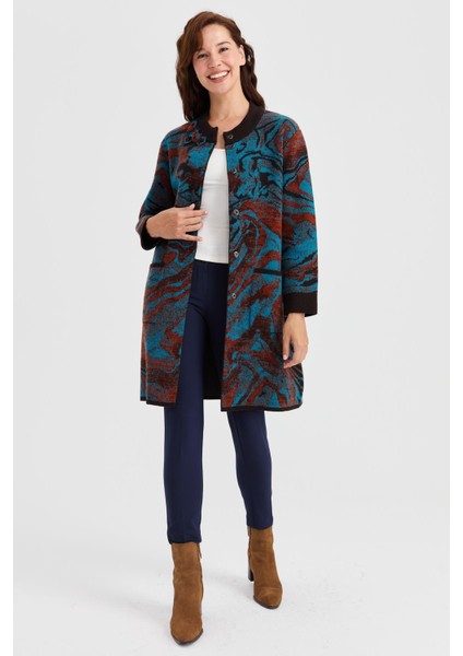 Kadın Dik Yaka Renkli Dalga Desenli Uzun Yün Kaban K.kahve fırsatları