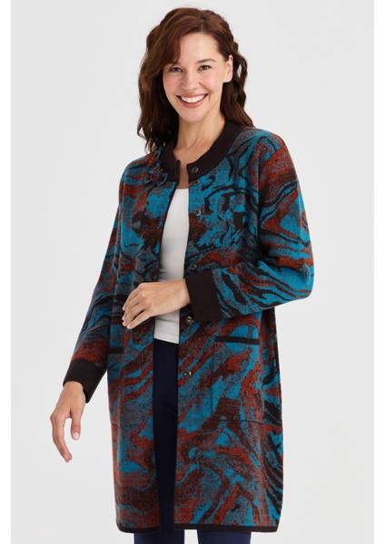 Kadın Dik Yaka Renkli Dalga Desenli Uzun Yün Kaban K.kahve indirimleri