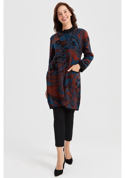 Kadın Dik Yaka Renkli Dalga Desenli Uzun Yün Kaban Siyah fırsatları