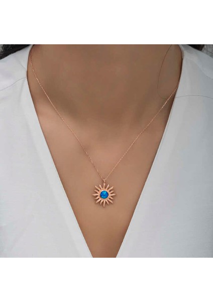 ​925 Ayar Gümüş Rose Mavi Opal Taşlı Güneş Kadın Kolye fiyatları