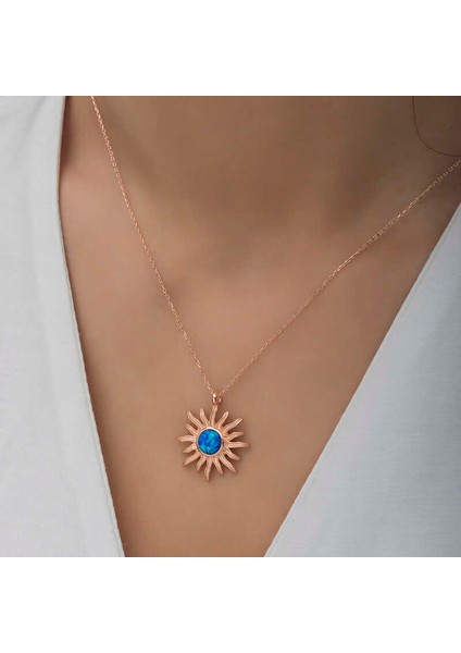 ​925 Ayar Gümüş Rose Mavi Opal Taşlı Güneş Kadın Kolye fırsatları