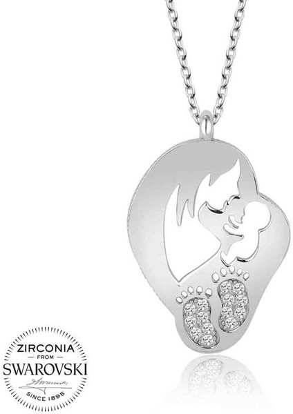 Swarovski Taşlı 925 Ayar Gümüş Anne Bebek Kadın Kolye