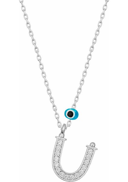 925 Ayar Gümüş Nazar Rodyum Ü Harfi Kadın Kolye