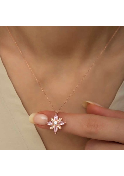 925 Ayar Gumuss Rose Pembe Taşlı Umut Çiçeği Kolye
