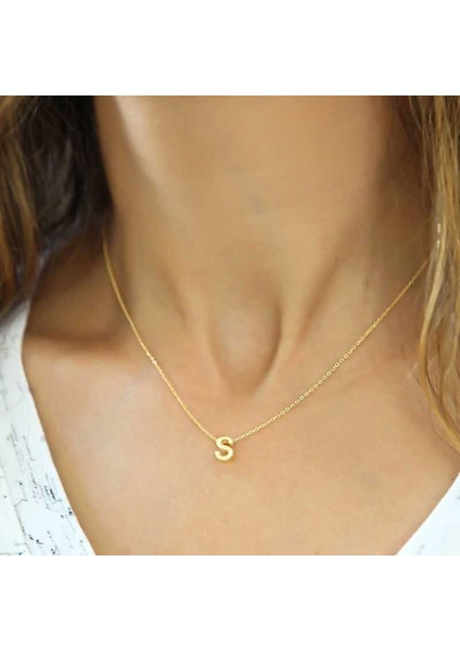925 Ayar Gümüş Gold 3 Boyutlu S Harf Kadın Kolye