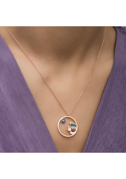 925 Ayar Gümüş Rose Nazarlı El ve Ayak Izi Kadın Kolye fırsatları