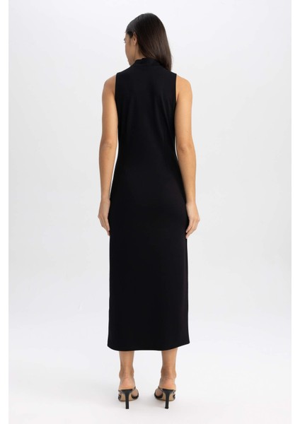Bodycon Vücudu Saran Basic Düz Yarım Balıkçı Yaka Siyah Kolsuz Midi Elbise Y8841AZ23AU