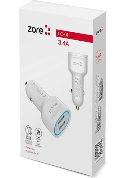 Hızlı Şarj Özellikli LED Işıklı Dual USB Araç Şarj Başlığı 18W (Cc-01)