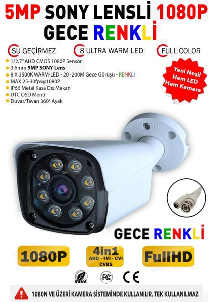 DTS Teknoloji J-Tech 3030 Metal 5mp Sony Lens Gece Renkli 8 Warm Light 1080P Ahd Güvenlik Kamera