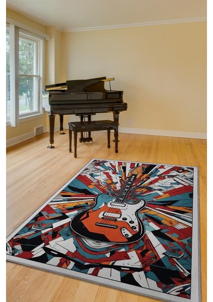 Renkli Gitar Halısı,Pop Art Müzik Halısı,Rock Müzik Halısı Elektro Gitar Figürlü Renkli Modern Halı,Müzik Halı