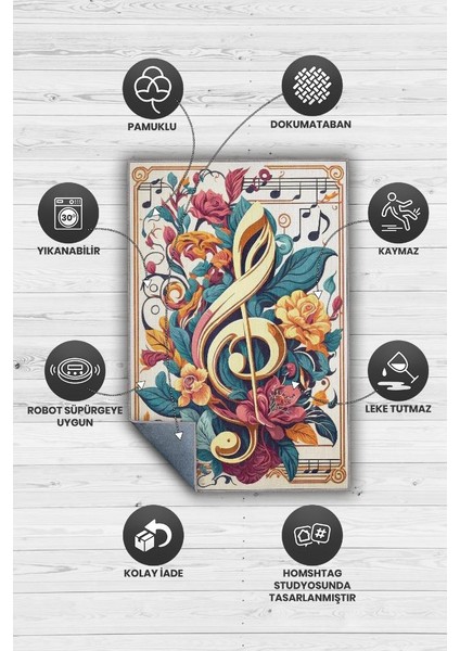 Çiçek Desenli Müzik Halısı,Sol Anahtarı ve Notalı Halı,Çok Renkli Krem Müzik Sever Halısı,Müzik Sınıfı Halısı fırsatları
