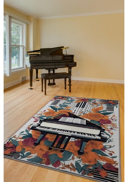 Art Deco Piyano Halısı,Piyano Önü Halısı Çiçekli Müzik Halısı,Çocuklara Piyanoyu Sevdiren Halı,Sanat Halısı