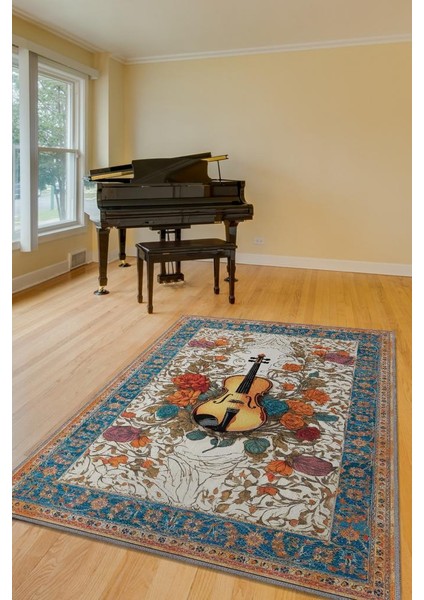 Art Deco Keman Halısı,Çiçekli Müzik Halısı,Moden Yorumlu Vintage Salon Halısı,Müzik Sınıfı Dekor Halısı