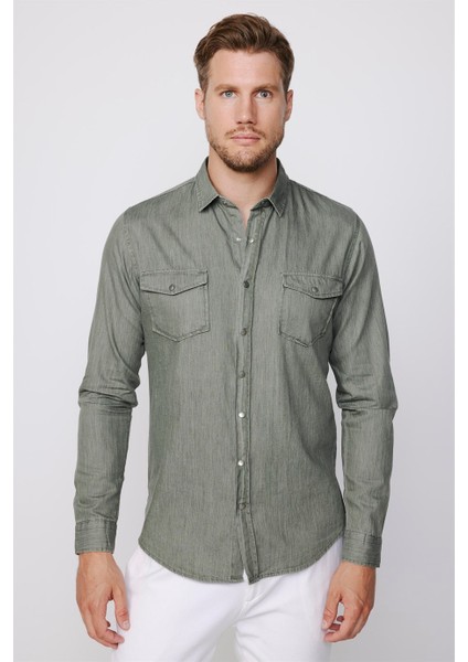 Slim Fit Uzun Kol Kot Çift Cep Çıtçıtlı Denim Erkek Haki Gömlek