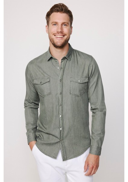 Slim Fit Uzun Kol Kot Çift Cep Çıtçıtlı Denim Erkek Haki Gömlek fiyatları