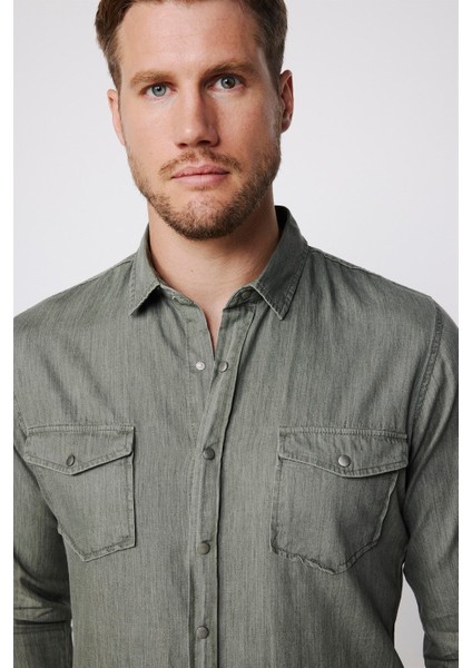 Slim Fit Uzun Kol Kot Çift Cep Çıtçıtlı Denim Erkek Haki Gömlek modelleri