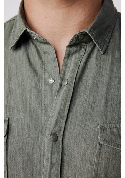 Slim Fit Uzun Kol Kot Çift Cep Çıtçıtlı Denim Erkek Haki Gömlek fırsatları