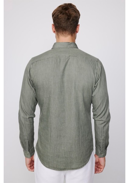 Slim Fit Uzun Kol Kot Çift Cep Çıtçıtlı Denim Erkek Haki Gömlek indirimleri