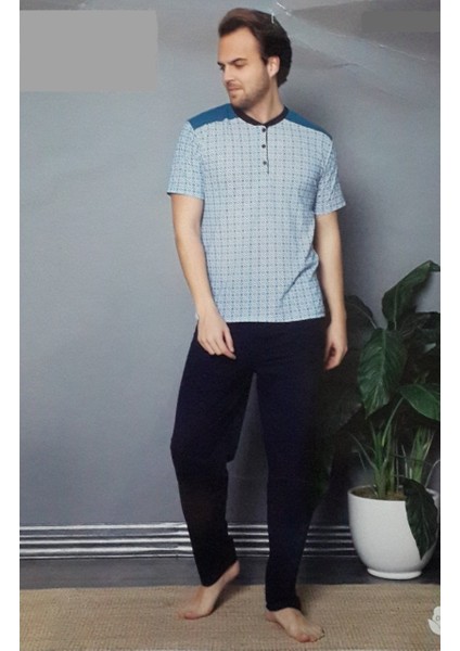 Ercan K034 Erkek Kısa Kol Pijama Takımı Mavi - M