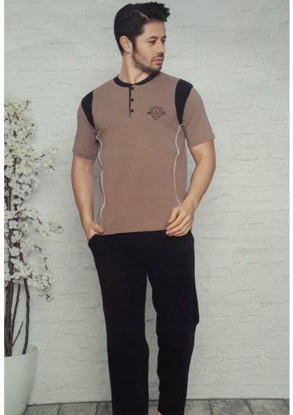 Sude 017 Erkek Kısa Kol Pijama Takımı Kahve - M