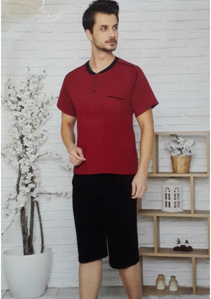 Sude 011 Erkek Kısa Kol Kapri Pijama Takımı Bordo - M