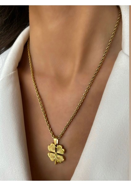Burgu Zincir Yonca Kolye Çelik Altın Kaplama Garanti Belgeli