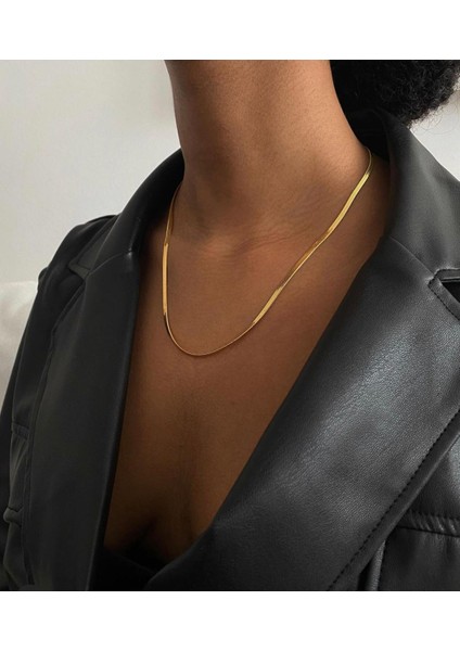 Italyan Ezme Yassı Gol Kolye Zincir 60 cm Çelik Üzeri Altın Kaplama Garanti Belgeli