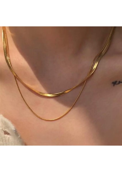 Italyan Ezme Snake Ikili Set Kadın Kolye Zincir Gold Çelik Üzeri Altın Kaplama Garanti Belgeli
