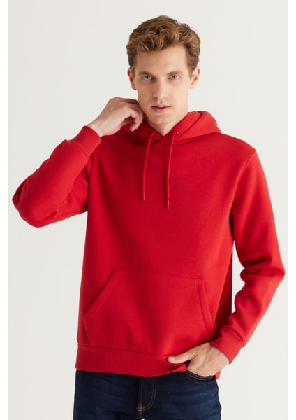 Erkek Kırmızı Standart Fit Normal Kesim Içi Polarlı 3 Iplik Kapüşonlu Pamuklu Sweatshirt