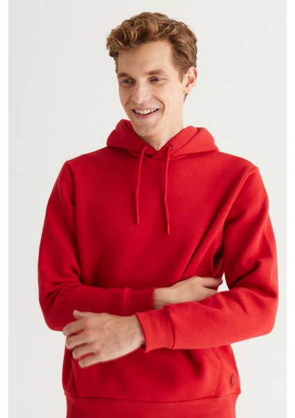 Erkek Kırmızı Standart Fit Normal Kesim Içi Polarlı 3 Iplik Kapüşonlu Pamuklu Sweatshirt