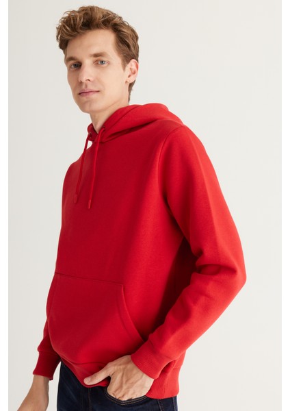 Erkek Kırmızı Standart Fit Normal Kesim Içi Polarlı 3 Iplik Kapüşonlu Pamuklu Sweatshirt