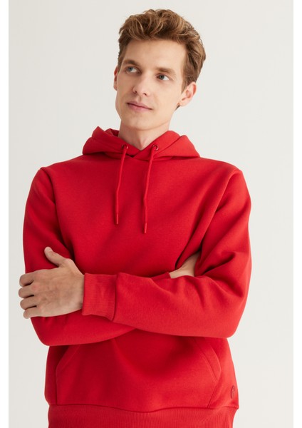 Erkek Kırmızı Standart Fit Normal Kesim Içi Polarlı 3 Iplik Kapüşonlu Pamuklu Sweatshirt