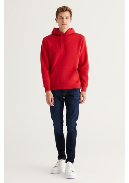 Erkek Kırmızı Standart Fit Normal Kesim Içi Polarlı 3 Iplik Kapüşonlu Pamuklu Sweatshirt