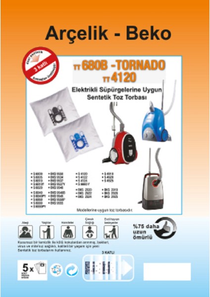 ARÇELİK - BEKO - ELEKTRİKLİ SÜPÜRGE UYUMLU SENTETİK TOZ TORBASI - 20 ADET - MAVİ PLASTİK - ( UYUMLU MODELLER AÇIKLAMADA ) fiyatları