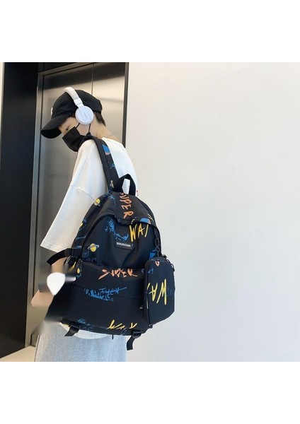 Sokak Trendi Ortaokul Öğrencileri Kişilik Grafiti Büyük Kapasiteli Seyahat Sırt Çantası (Yurt Dışından) indirimleri