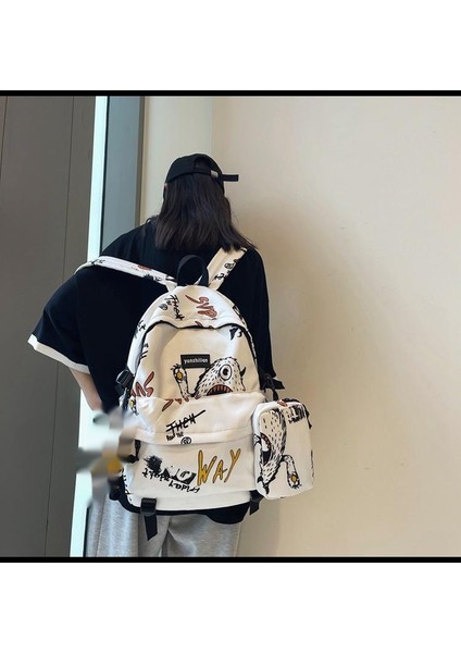 Sokak Trendi Ortaokul Öğrencileri Kişilik Grafiti Büyük Kapasiteli Seyahat Sırt Çantası (Yurt Dışından) indirimleri