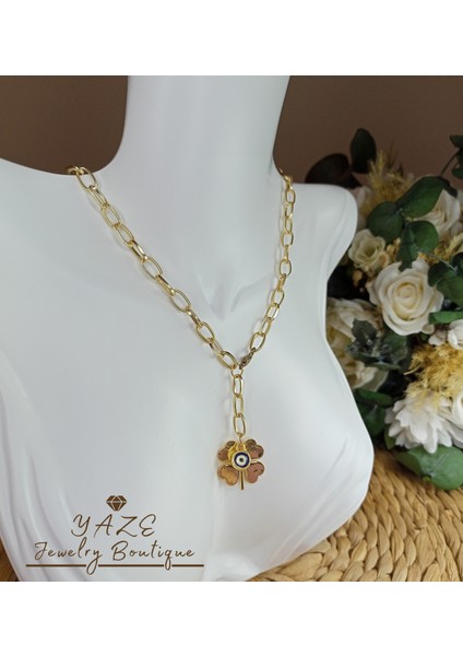 Yaze Jewelry Nazar Boncuklu Yonca Şekilli Gold Renk Zincir Kolye