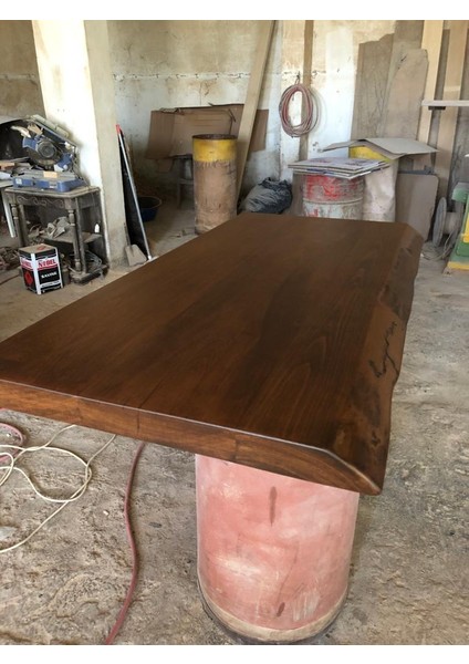 Bir Yanı Düz Biryanı Doğal Kenar Gürgen Ağacı Ceviz Rengi Kütük Masa Tablası 75X140.CM
