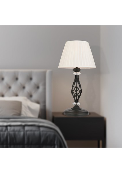 Merina Siyah Kristal Taşlı Beyaz Şapkalı Dekoratif Yatak Odası-Salon Retro Abajur